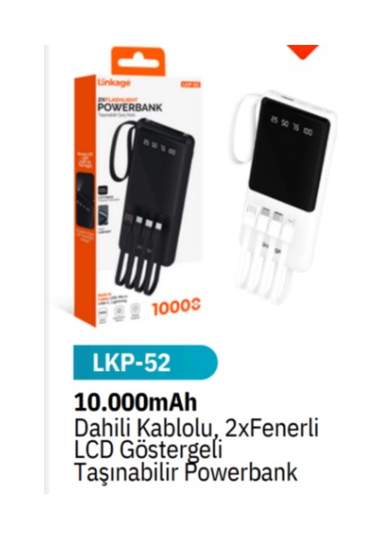 LKB52 Dahili Kablo 10000 Mah 2 x Fenerli, LED Gösterge Powerbank