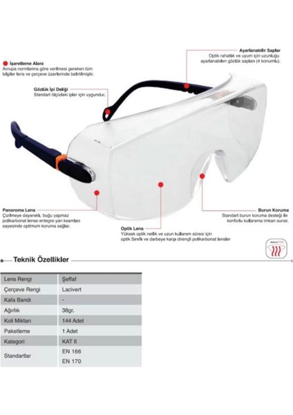 Antifoglu Isg Gözlüğü Geniş Alanlı Koruma 039A En 166 Starline Şeffaf Camlı Antifog Özellikli modelleri