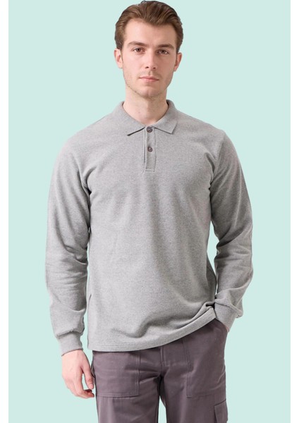 Erkek Polo Yaka Uzun Kollu Sweatshirt Herba Sweat Pamuklu Iş Günlük Için