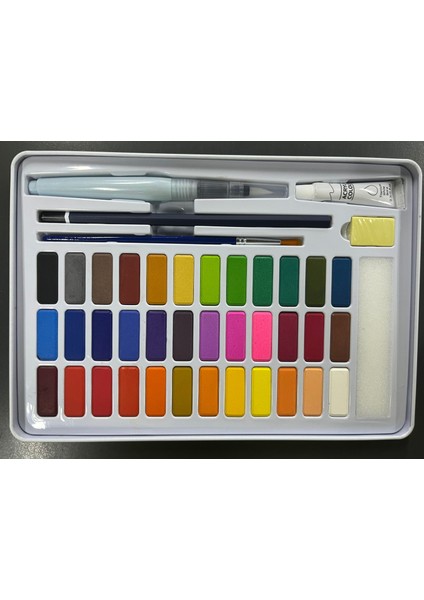 36 Renk Suluboya Seti - Metal Kutulu - Fırça, Su Kalemi, Çizim Kalemi, Sünger, Silgi ve Beyaz Akrilik Boya Hediyeli fiyatları