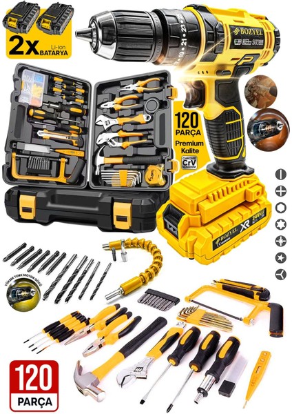 Premium 120 Parça Takım Seti 2 Akülü Matkap, Tornavida, Pense, Lokma, Çekiç, Alet Çantası