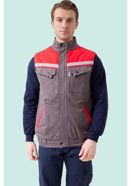 Kışlık Iş Yeleği Grikırmızı Gabardin Çok Cepli Royal Sıcak Tutucu Rüzgar Geçirmez Reflektörlü