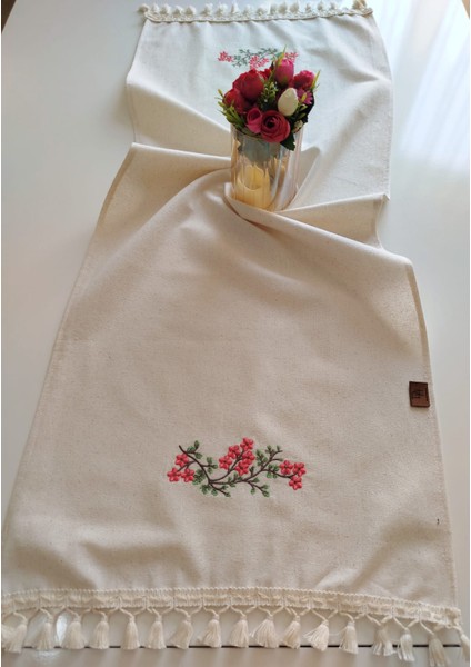 Nakışlı Otantik Organik Saçaklı Yumuşak Keten Runner 47X120 cm