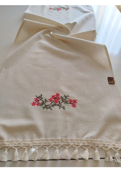 Nakışlı Otantik Organik Saçaklı Yumuşak Keten Runner 47X120 cm modelleri