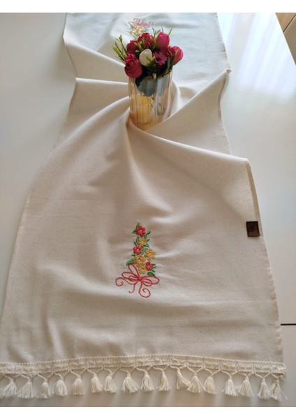 Nakışlı Otantik Organik Saçaklı Yumuşak Keten Runner 47X120 cm