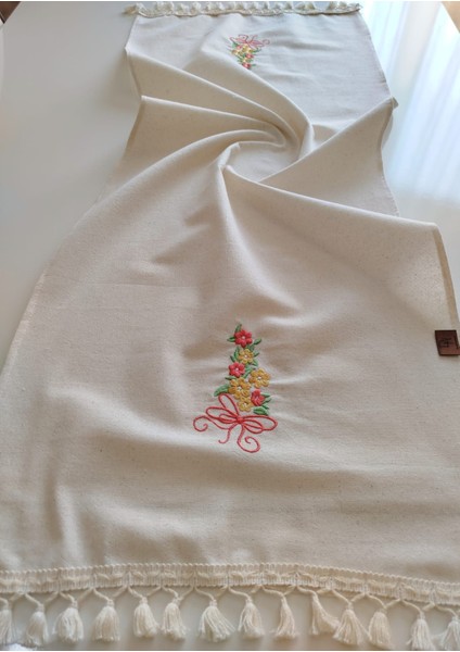 Nakışlı Otantik Organik Saçaklı Yumuşak Keten Runner 47X120 cm modelleri