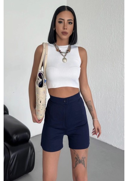 Tarz ve Rahatlığı Bir Arada Sunan Yüksek Bel Esnek Likralı Krep Şort Lacivert fiyatları