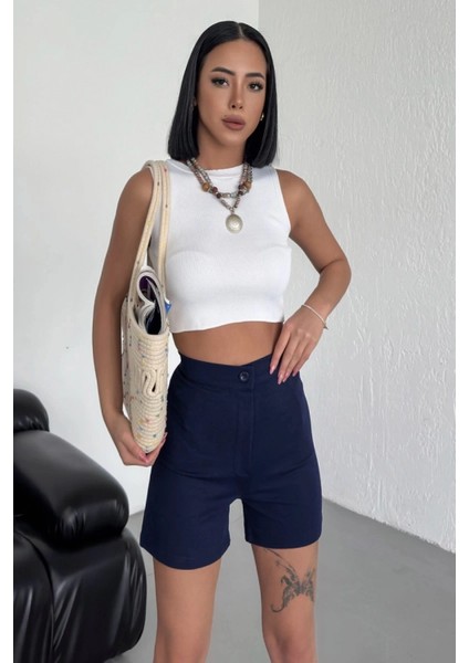 Tarz ve Rahatlığı Bir Arada Sunan Yüksek Bel Esnek Likralı Krep Şort Lacivert modelleri