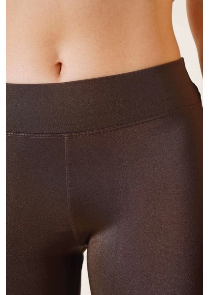 Esnek Yüksek Bel Kahverengi Uzun Parlak Disco Tayt modelleri