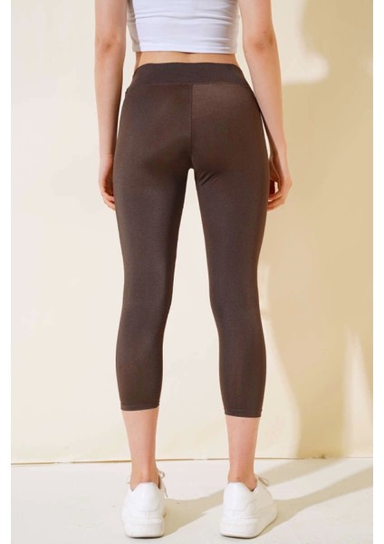 Esnek Yüksek Bel Kahverengi Uzun Parlak Disco Tayt fırsatları