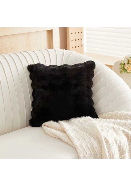 Bubble Tavşan Tüyü, Çift Taraflı, Gizli Fermuarlı Pofuduk Kırlent Kılıfı 40x40 Siyah