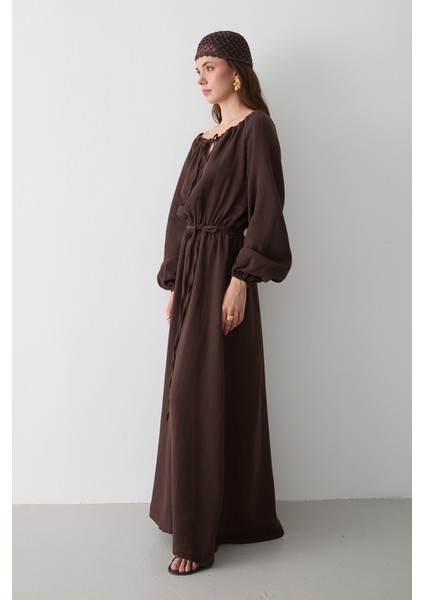 Kahverengi Bağlama Detaylı Müslin Elbise indirimleri