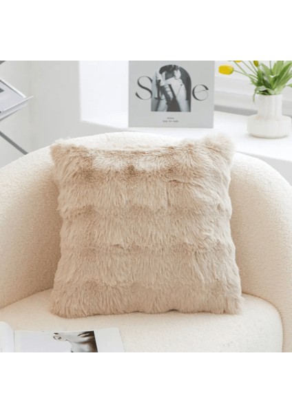 Bubble Tavşan Tüyü, Çift Taraflı, Gizli Fermuarlı Pofuduk Kırlent Kılıfı 40x40 Camel