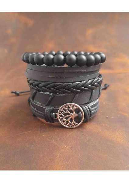 5'li Erkek Bileklik Hayat Ağacı Tasarım Gerçek Deri Bileklik