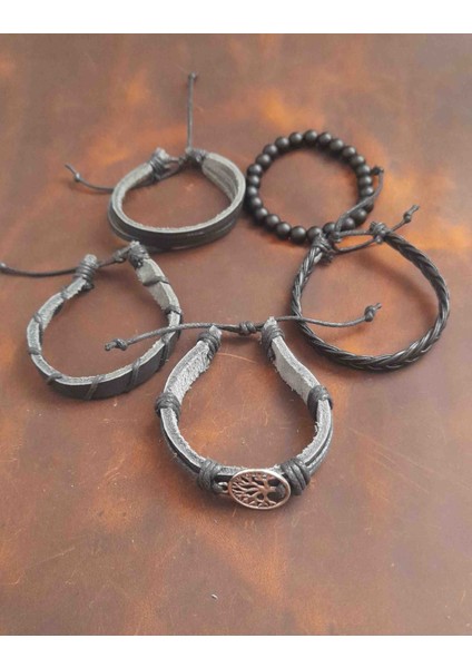 5'li Erkek Bileklik Hayat Ağacı Tasarım Gerçek Deri Bileklik fiyatları