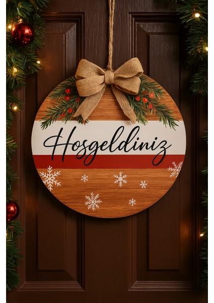 Hoşgeldiniz Yeni Yıl Kokina Kar Tanesi Çam Dalı Baskılı Yılbaşı Kapı Duvar Süsü Hediyelik (25*25 Cm)