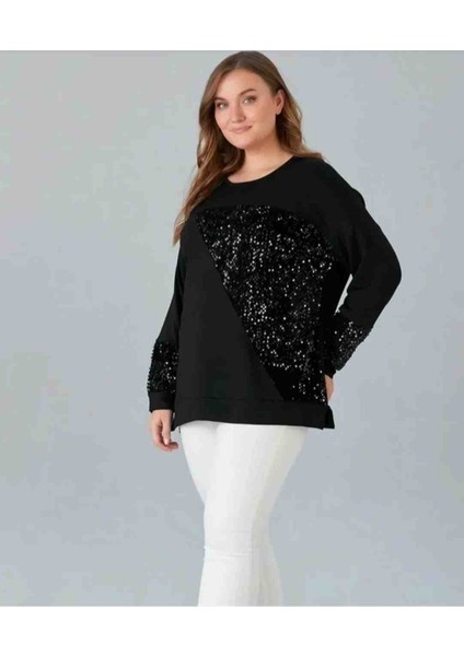 Kadın Büyük Beden Önü Pul Payetli Kristal Kumaş Bluz