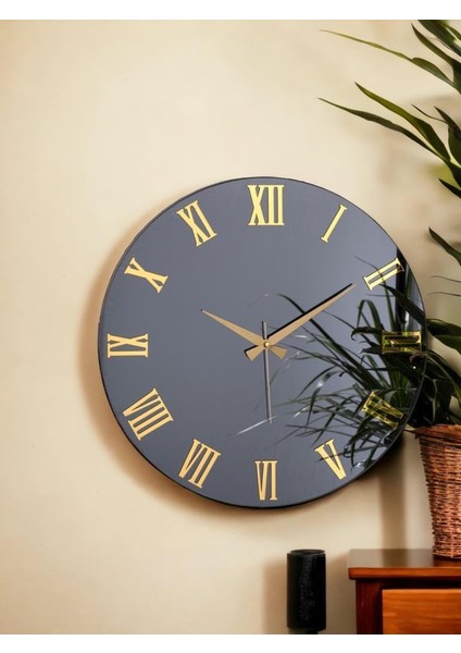 Premium Serisi Aynalı 50 cm Sessiz Akar Roma Rakamlı Duvar Saati Füme