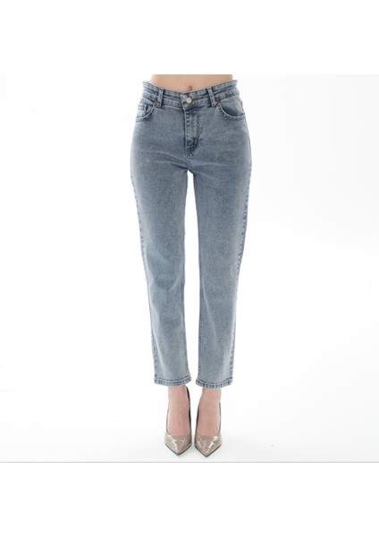 Kadın Momfit Likralı Mavi Jean Pantolon