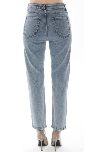 Kadın Momfit Likralı Mavi Jean Pantolon modelleri