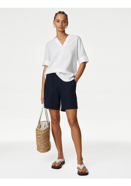 Kısa Kollu Keten Popover Bluz modelleri