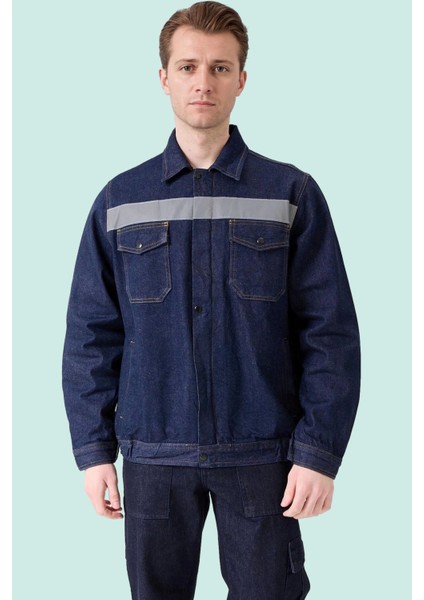 Erkek Denim Isg Mont Koyu Reflektör Detaylı Ce Tulipa Kot Iş Güvenliği Reflektörlü Ceket