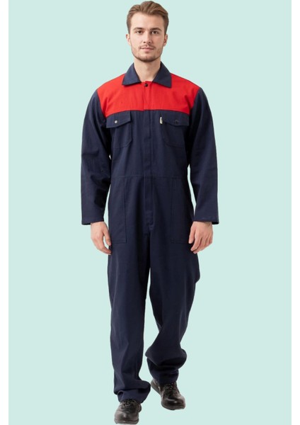 Pamuklu Gabardin Tulum Lacivertkırmızı Iş Güvenliği Carica Yazlık