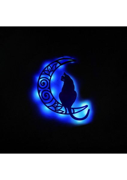 LED Işıklı Aydaki Kedi Figürlü Tablo Duvar Dekorlu Gece Lambası