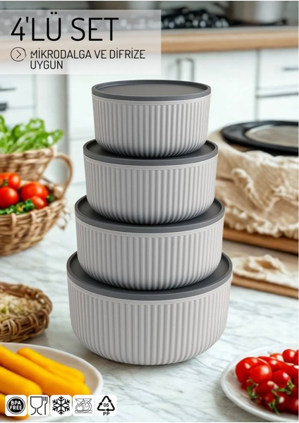 4'lü Yuvarlak Saklama Kabı Seti Çizgili I 2.5lt 1.5lt 0.80LT 0.45LT | Mikrodalga ve Dondurucu Uyumlu