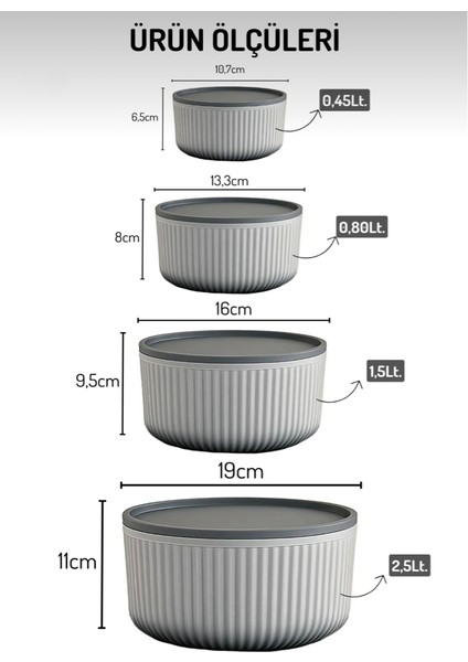 4'lü Yuvarlak Saklama Kabı Seti Çizgili I 2.5lt 1.5lt 0.80LT 0.45LT | Mikrodalga ve Dondurucu Uyumlu indirimleri