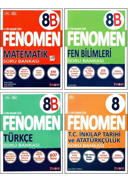 Fenomen 8. Sınıf Lgs Matematik(B)+Fen(B)+Türkçe(B)+Inkılap Tar.soru Bankası 4 Kitap