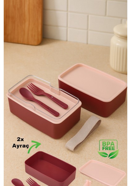 Beslenme Kabı 2 Katlı Ayarlanabilir Çatal Kaşıklı Yemek Saklama Kabı Mürdüm fiyatları