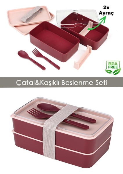 Beslenme Kabı 2 Katlı Ayarlanabilir Çatal Kaşıklı Yemek Saklama Kabı Mürdüm modelleri