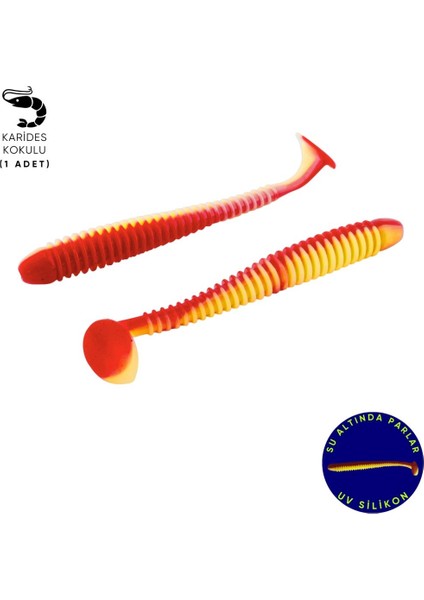 Silikon Kurt Yem - 4,2g 105MM - Turna/levrek Silikonu - 1 Adet - Kırmızı/sarı - Karides Kokulu