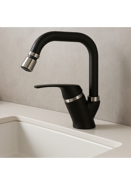 Siyah Köşe Borulu Lavabo Bataryası Çeşmesi Oynar Başlıklı