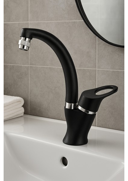 Siyah Krom Oynar Uçlu Lavabo Bataryası Musluğu Çeşmesi