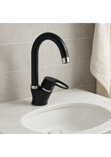 Siyah Krom Banyo Lavabo Musluğu Bataryası Çeşmesi Çift Su Girişli