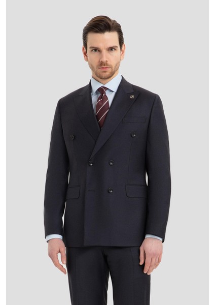 Yün Karışımlı Kruvaze Sivri Yaka Takım Elbise Lacivert