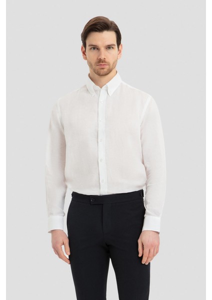 Uzun Kollu Keten Erkek Gömlek Beyaz
