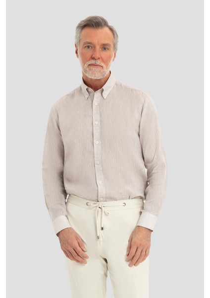 Uzun Kollu Keten Erkek Gömlek Bej