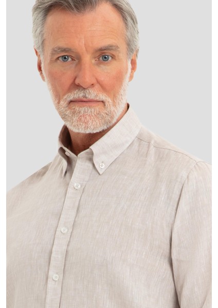 Uzun Kollu Keten Erkek Gömlek Bej modelleri