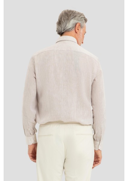 Uzun Kollu Keten Erkek Gömlek Bej fırsatları