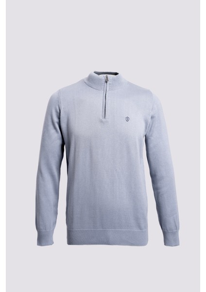 Fermuarlı Yarım Balıkçı Yaka Pamuk Erkek Triko Kazak Açık İndigo