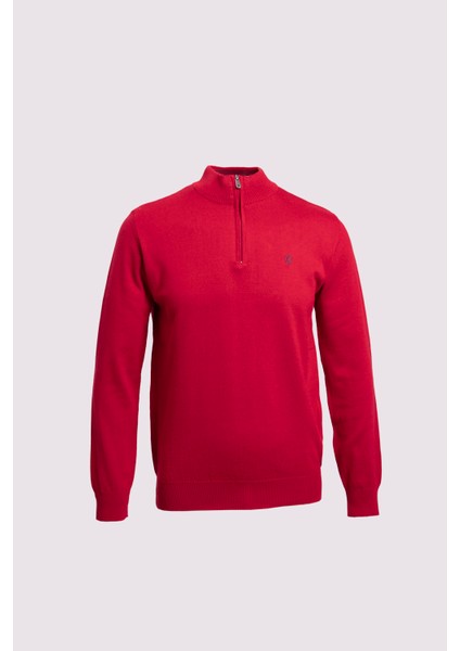 Fermuarlı Yarım Balıkçı Yaka Pamuk Erkek Triko Kazak Kırmızı