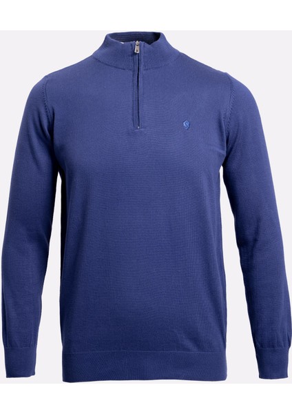 Fermuarlı Yarım Balıkçı Yaka Pamuk Erkek Triko Kazak Açık Lacivert