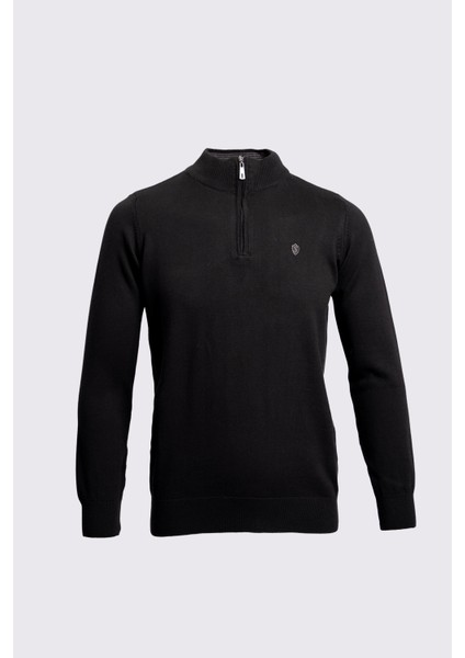 Fermuarlı Yarım Balıkçı Yaka Pamuk Erkek Triko Kazak Siyah