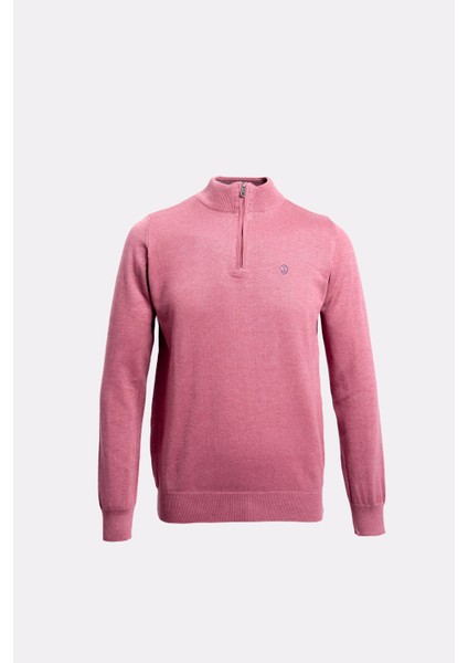 Fermuarlı Yarım Balıkçı Yaka Pamuk Erkek Triko Kazak Gül Kurusu