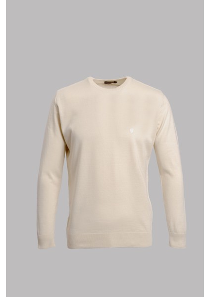 Bisiklet Yaka Yün Karışımlı Uzun Kollu Triko Erkek Kazak Ekru