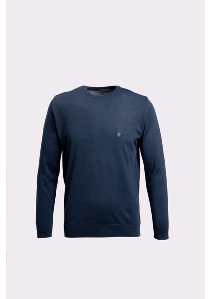 Bisiklet Yaka Yün Karışımlı Uzun Kollu Triko Erkek Kazak İndigo