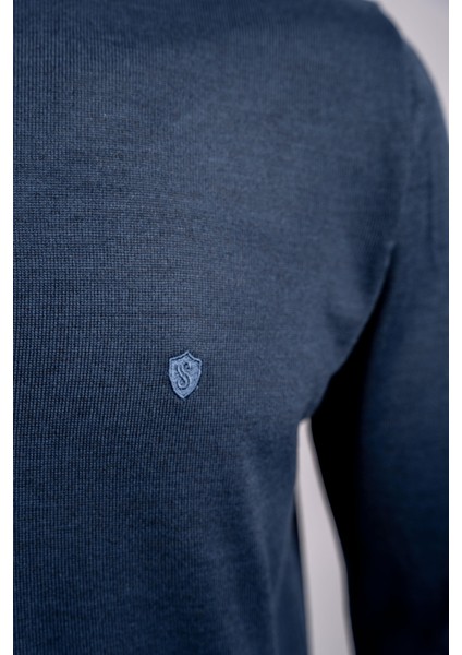 Bisiklet Yaka Yün Karışımlı Uzun Kollu Triko Erkek Kazak İndigo fiyatları